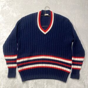 Vintage Shetland Wool Varsity Sweater Mens Navy Blue V-Neck Striped Old Money